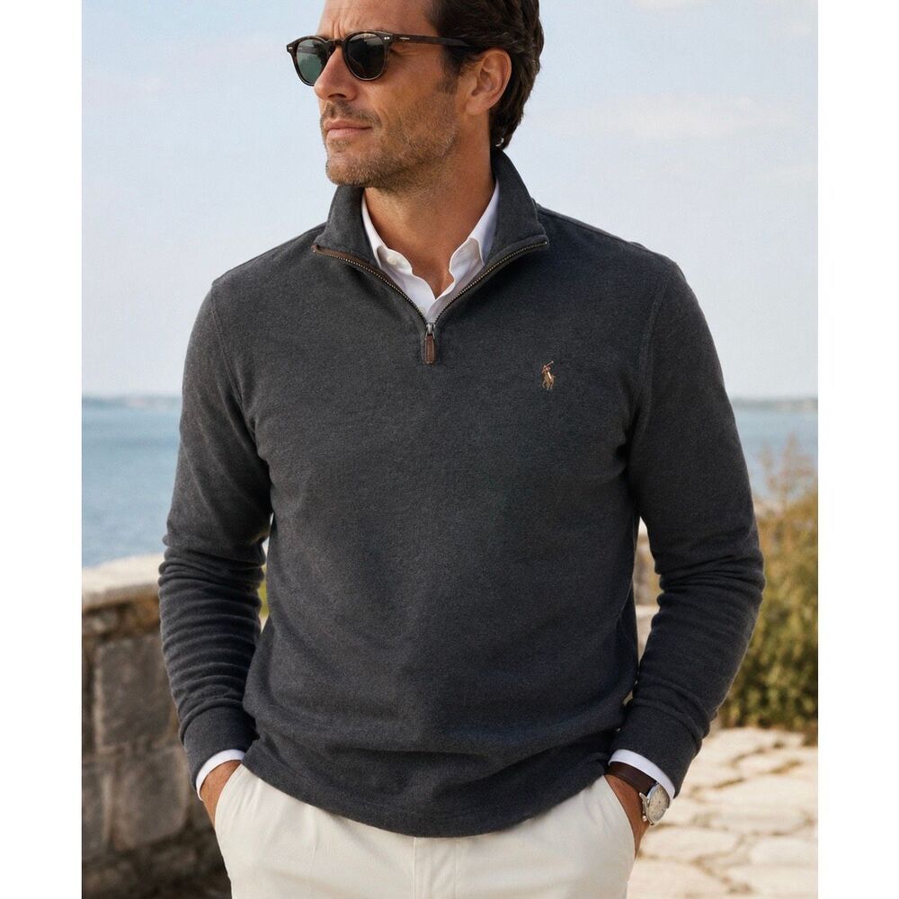 Polo Ralph Lauren Estate Rib Quarter Zip Pullover Sweater Top Large Charcoal Gra